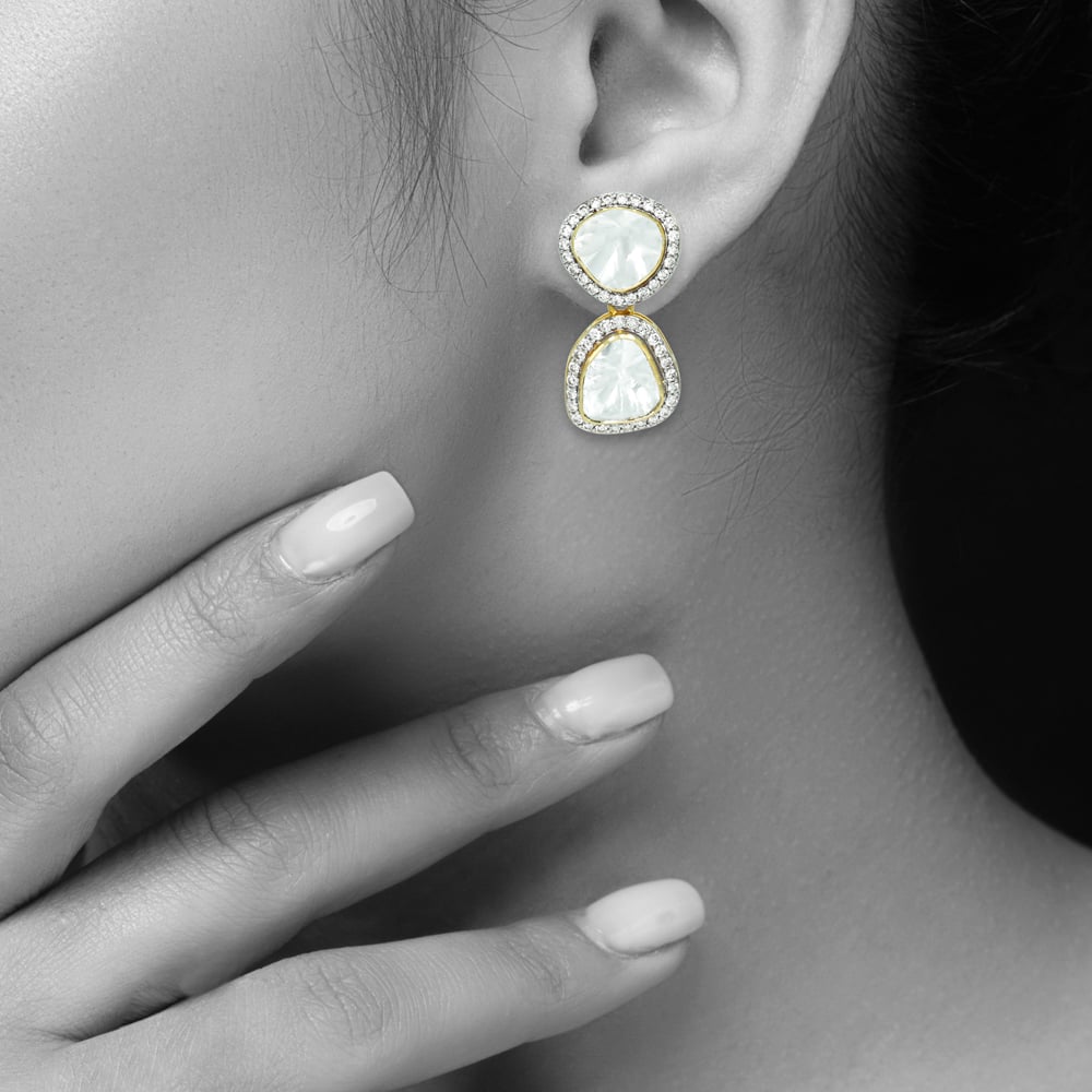 Double Drop Polki Earrings with Diamond Halos